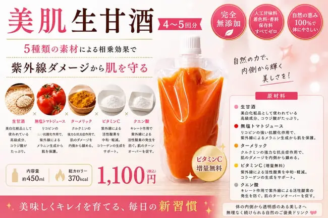 美肌生甘酒 ポスター：5種類の素材による相乗効果で紫外線ダメージから肌を守る 1,100円